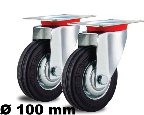 2 Lenkrollen 100mm drehbar Stahl-Felge Voll-Gummi Reifen schwarz Fadenschutz 100
