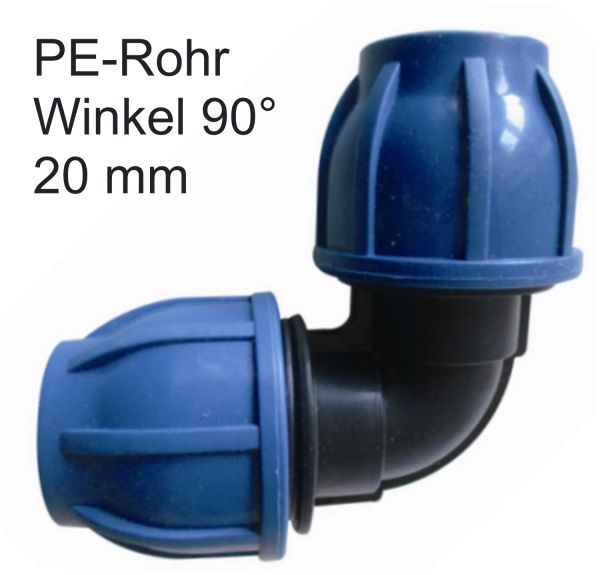 PE Rohr 20 mm 90 Ggrad Winkel Bogen Fitting Verschraubung