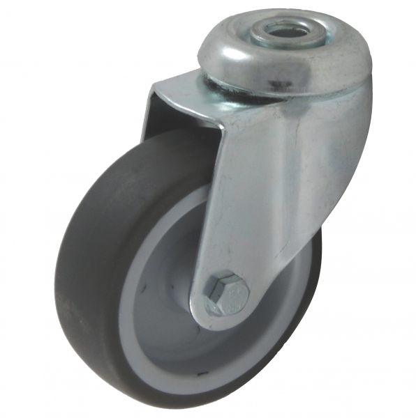 Apparaterollen 75 mm Lauf-fläche Gummi grau zentral Rücken-lloch als Lenkrolle für Transport-geräte
